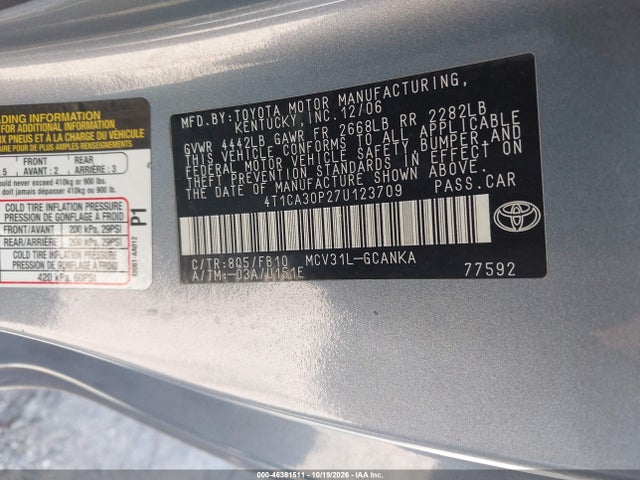 Aukcja sprzedaży 2007 Toyota Camry Solara Se V6, vin: 4T1CA30P27U123709, numer aukcji: 46381511