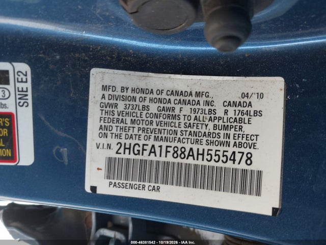 Aukcja sprzedaży 2010 Honda Civic Ex, vin: 2HGFA1F88AH555478, numer aukcji: 46381542