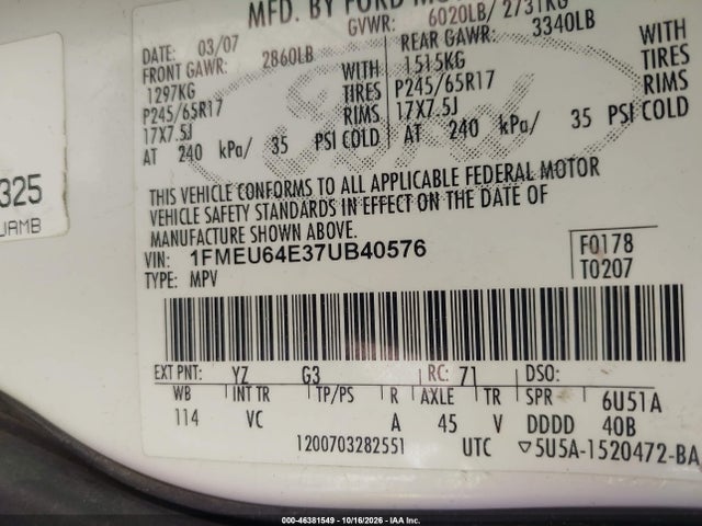 Продаж на аукціоні авто 2007 Ford Explorer Eddie Bauer, vin: 1FMEU64E37UB40576, номер лоту: 46381549