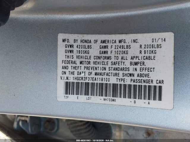 46381563 :رقم المزاد ، 1HGCR2F37EA118100 vin ، 2014 Honda Accord Lx مزاد بيع
