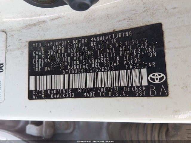 46381640 :رقم المزاد ، 5YFBURHE3GP526303 vin ، 2016 Toyota Corolla Le مزاد بيع