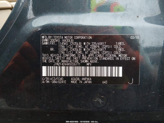 46381658 :رقم المزاد ، JTMZF4DV4A5026771 vin ، 2010 Toyota Rav4 مزاد بيع