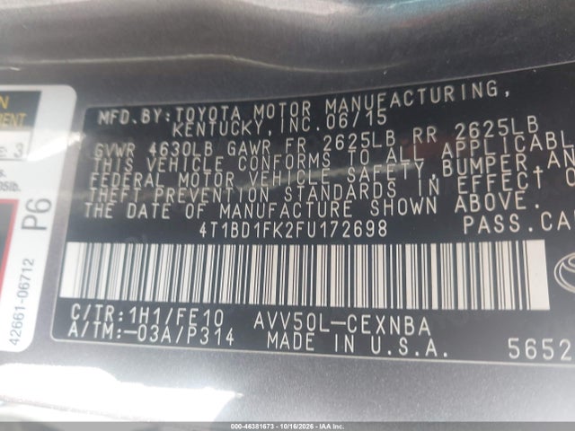 Aukcja sprzedaży 2015 Toyota Camry Hybrid Le, vin: 4T1BD1FK2FU172698, numer aukcji: 46381673