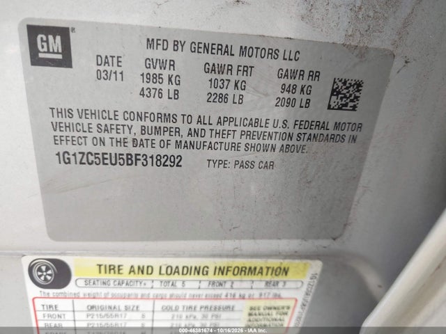 2011 Chevrolet Malibu 1lt მანქანა იყიდება აუქციონზე, vin: 1G1ZC5EU5BF318292, აუქციონის ნომერი: 46381674