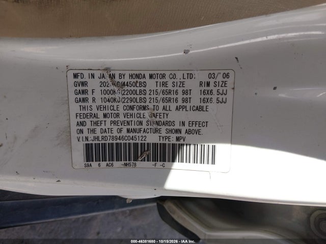 Продаж на аукціоні авто 2006 Honda Cr-v Se, vin: JHLRD78946C045122, номер лоту: 46381680