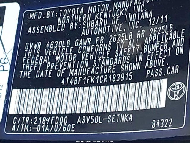 Auction sale of the 2012 Toyota Camry Le, vin: 4T4BF1FK1CR183915, lot number: 46381696