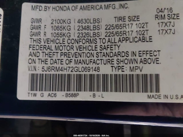 Продаж на аукціоні авто 2016 Honda Cr-v Ex-l, vin: 5J6RM4H72GL069148, номер лоту: 46381724