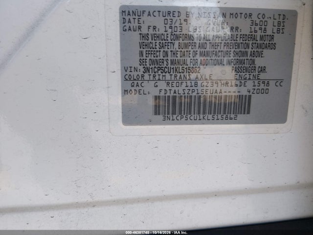 Продажа на аукционе авто 2019 Nissan Kicks Sv, vin: 3N1CP5CU1KL515862, номер лота: 46381745