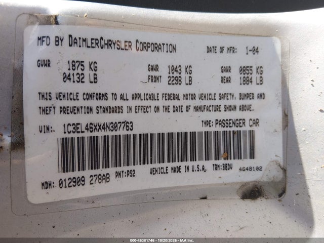 2004 Chrysler Sebring მანქანა იყიდება აუქციონზე, vin: 1C3EL46XX4N307763, აუქციონის ნომერი: 46381746