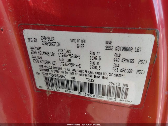 46381819 :رقم المزاد ، 3B7KF23Z0VM578343 vin ، 1997 Dodge Ram 2500 St مزاد بيع