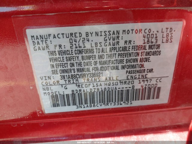 3N1AB8CV9RY336921 Nissan Sentra Sv Xtronic Cvt