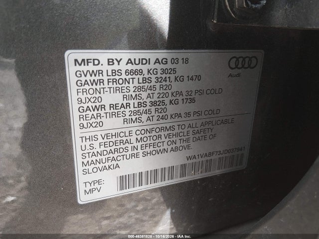 2018 Audi Q7 3.0t Premium მანქანა იყიდება აუქციონზე, vin: WA1VABF73JD037941, აუქციონის ნომერი: 46381828