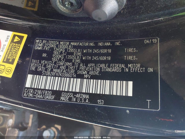 46381856 :رقم المزاد ، 5TDBZRFH7KS986014 vin ، 2019 Toyota Highlander Le مزاد بيع