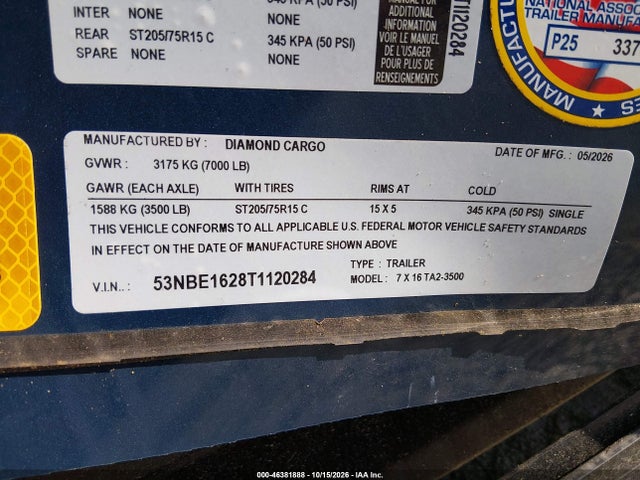 Продаж на аукціоні авто 2026 Cargo 7x16 Enclosed, vin: 53NBE1628T1120284, номер лоту: 46381888