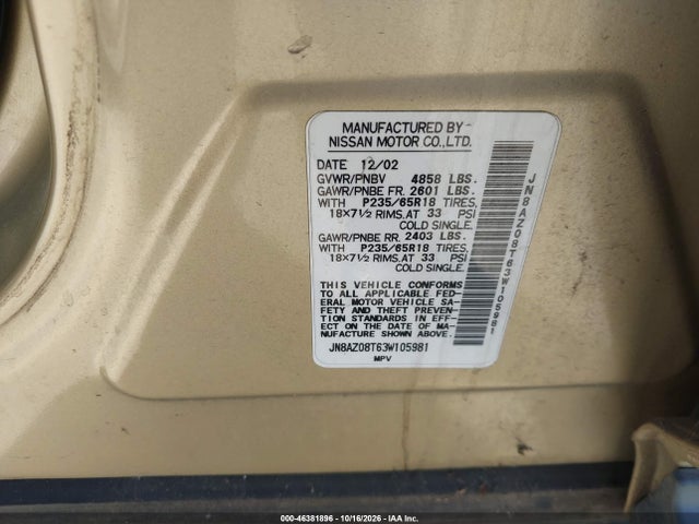 Продаж на аукціоні авто 2003 Nissan Murano Sl/se, vin: JN8AZ08T63W105981, номер лоту: 46381896
