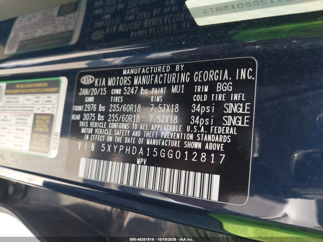 Aukcja sprzedaży 2016 Kia Sorento 2.0t Ex, vin: 5XYPHDA15GG012817, numer aukcji: 46381916