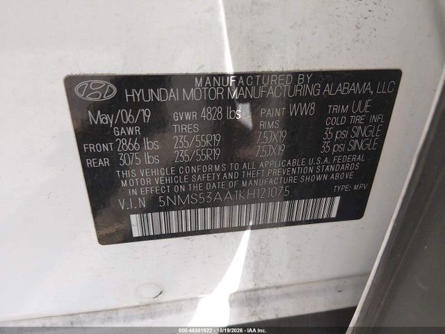 Aukcja sprzedaży 2019 Hyundai Santa Fe Ultimate 2.0t, vin: 5NMS53AA1KH121075, numer aukcji: 46381922