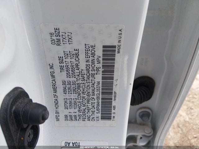Aukcja sprzedaży 2016 Honda Cr-v Ex, vin: 5J6RM4H56GL053744, numer aukcji: 46381937