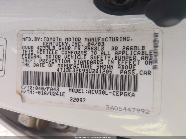 Aukcja sprzedaży 2003 Toyota Camry Xle, vin: 4T1BE32K93U201205, numer aukcji: 46381978