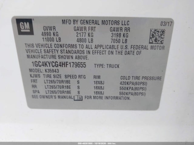 2017 Chevrolet Silverado 3500hd Wt მანქანა იყიდება აუქციონზე, vin: 1GC4KYCG4HF179655, აუქციონის ნომერი: 46381988