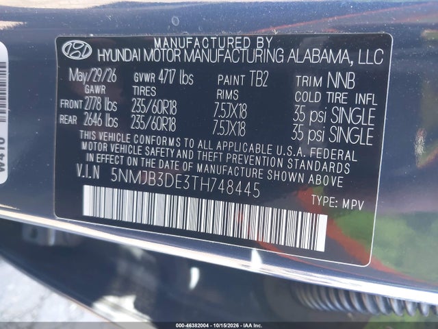 5NMJB3DE3TH748445 Hyundai TUCSON SEL