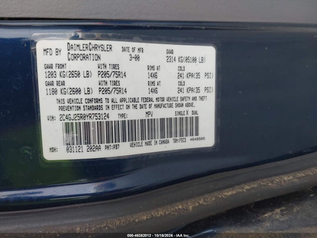 Продаж на аукціоні авто 2000 Chrysler Voyager, vin: 2C4GJ25R0YR753124, номер лоту: 46382012