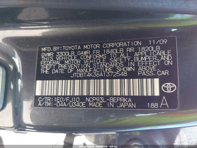 2010 Toyota Yaris მანქანა იყიდება აუქციონზე, vin: JTDBT4K36A1372548, აუქციონის ნომერი: 46382043