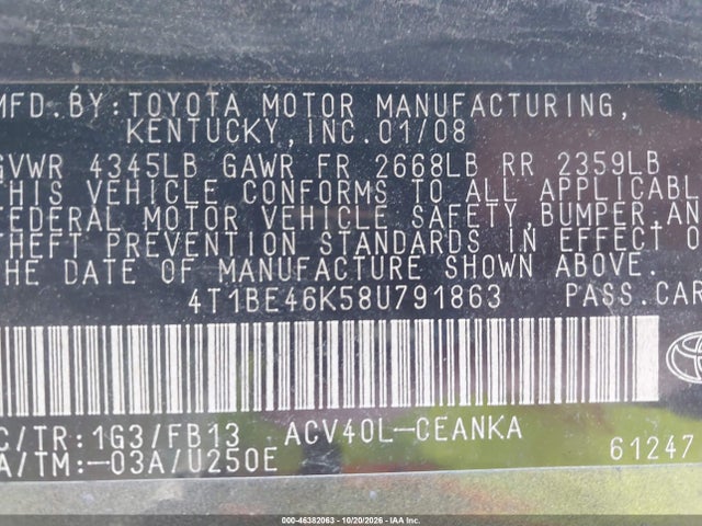 46382063 :رقم المزاد ، 4T1BE46K58U791863 vin ، 2008 Toyota Camry Le مزاد بيع