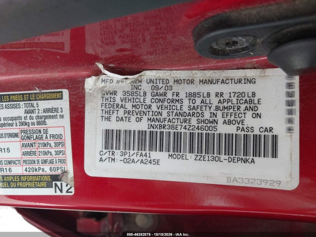 46382078 :رقم المزاد ، 1NXBR38E74Z246005 vin ، 2004 Toyota Corolla Le مزاد بيع