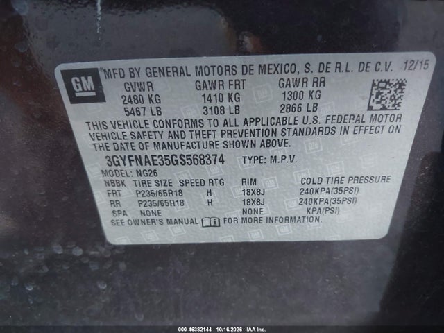 2016 Cadillac Srx Standard მანქანა იყიდება აუქციონზე, vin: 3GYFNAE35GS568374, აუქციონის ნომერი: 46382144