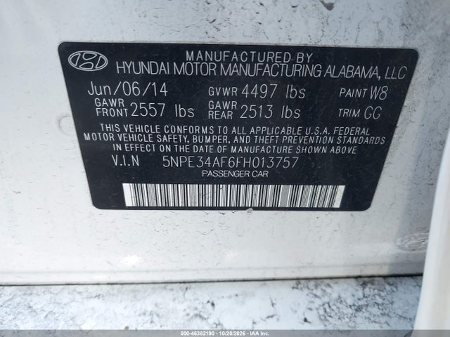 2015 Hyundai Sonata Limited მანქანა იყიდება აუქციონზე, vin: 5NPE34AF6FH013757, აუქციონის ნომერი: 46382190