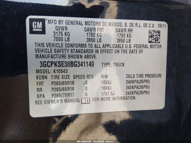 Aukcja sprzedaży 2011 Chevrolet Silverado 1500 Lt, vin: 3GCPKSE38BG341149, numer aukcji: 46382195