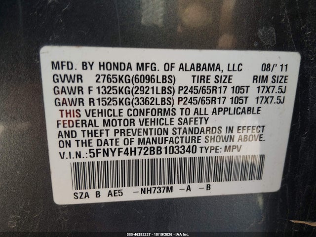 Продаж на аукціоні авто 2011 Honda Pilot Ex-l, vin: 5FNYF4H72BB103340, номер лоту: 46382227