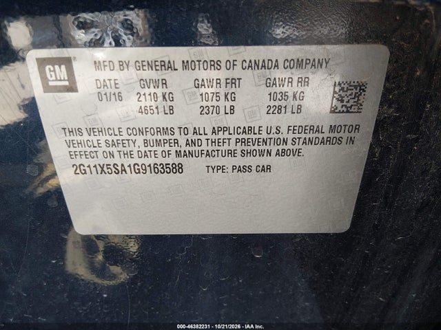 2016 Chevrolet Impala 1fl მანქანა იყიდება აუქციონზე, vin: 2G11X5SA1G9163588, აუქციონის ნომერი: 46382231