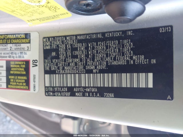 46382264 :رقم المزاد ، 4T3BA3BB6DU043233 vin ، 2013 Toyota Venza Xle مزاد بيع
