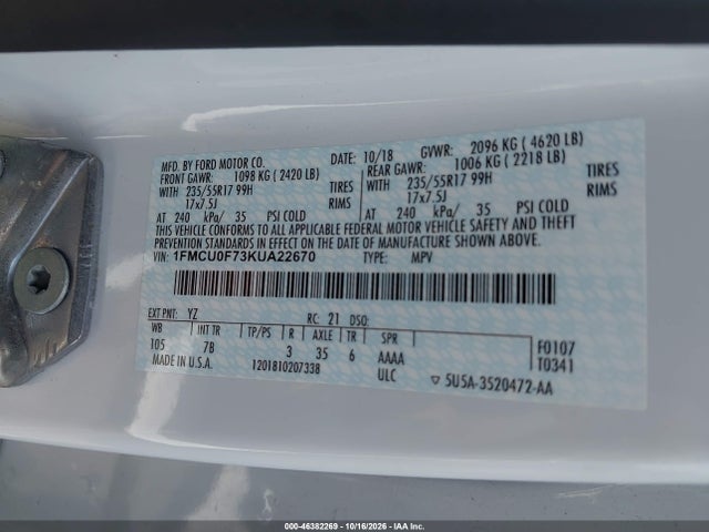 2019 Ford Escape S მანქანა იყიდება აუქციონზე, vin: 1FMCU0F73KUA22670, აუქციონის ნომერი: 46382269