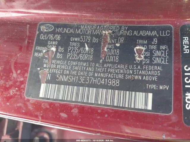 Продаж на аукціоні авто 2007 Hyundai Santa Fe Limited/se, vin: 5NMSH13E37H041988, номер лоту: 46382273