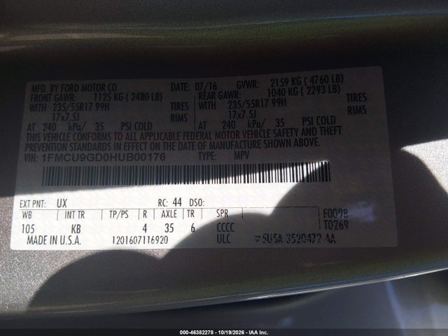 Aukcja sprzedaży 2017 Ford Escape Se, vin: 1FMCU9GD0HUB00176, numer aukcji: 46382278