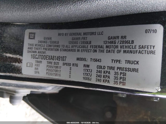 Aukcja sprzedaży 2010 Chevrolet Colorado 2lt, vin: 1GCJTDDEXA8149107, numer aukcji: 46382305