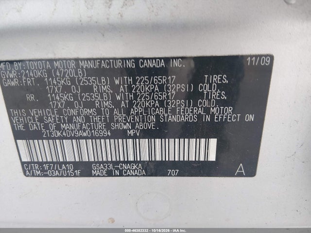 46382332 :رقم المزاد ، 2T3DK4DV9AW016994 vin ، 2010 Toyota Rav4 Limited V6 مزاد بيع