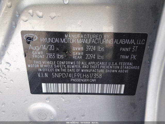 46382362 :رقم المزاد ، 5NPD74LF9LH617358 vin ، 2020 Hyundai Elantra Se مزاد بيع