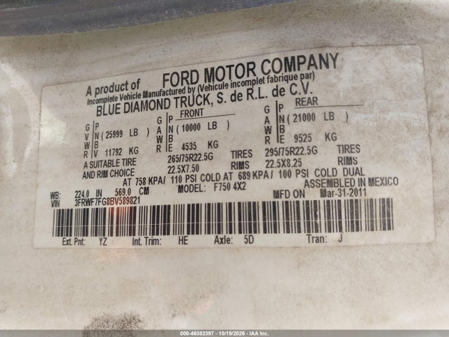 Продажа на аукционе авто 2011 Ford F-750 Xl/xlt, vin: 3FRWF7FG8BV589821, номер лота: 46382397