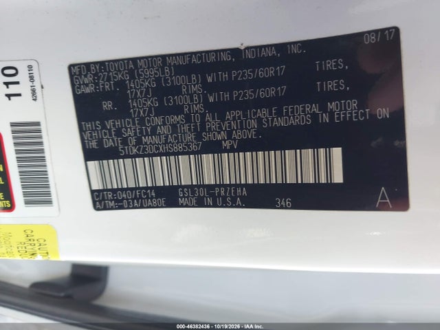 Aukcja sprzedaży 2017 Toyota Sienna Le 8 Passenger, vin: 5TDKZ3DCXHS885367, numer aukcji: 46382436