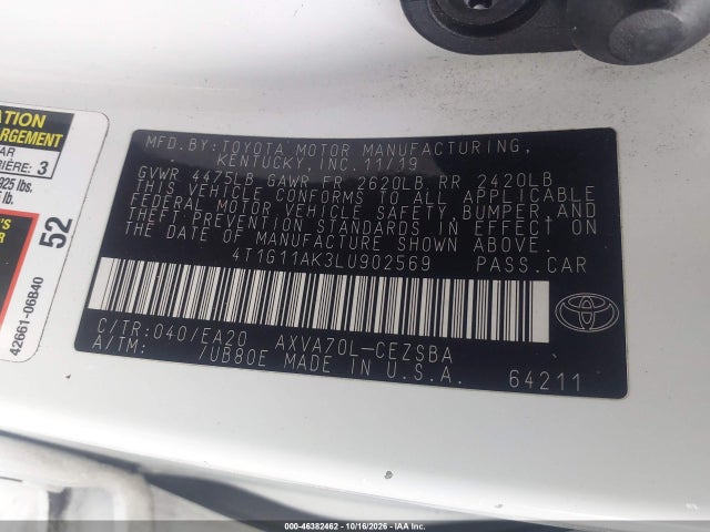 Aukcja sprzedaży 2020 Toyota Camry Se, vin: 4T1G11AK3LU902569, numer aukcji: 46382462