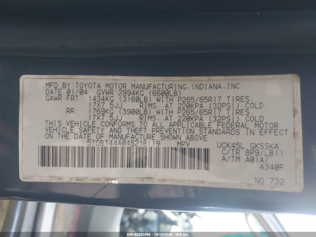 Продажа на аукционе авто 2004 Toyota Sequoia Sr5 V8, vin: 5TDBT44A04S216119, номер лота: 46382495