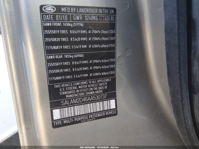 Auction sale of the 2010 Land Rover Lr4, vin: SALAM2D46AA530737, lot number: 46382496