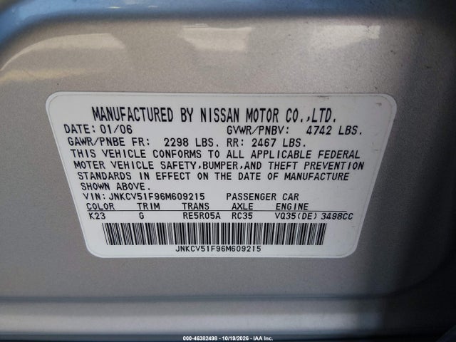 2006 Infiniti G35x მანქანა იყიდება აუქციონზე, vin: JNKCV51F96M609215, აუქციონის ნომერი: 46382498