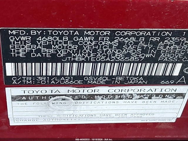 2010 Lexus Es 350 მანქანა იყიდება აუქციონზე, vin: JTHBK1EG5A2365857, აუქციონის ნომერი: 46382533