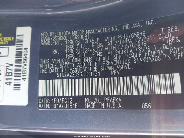 Aukcja sprzedaży 2006 Toyota Sienna Le, vin: 5TDZA23C26S531731, numer aukcji: 46382540