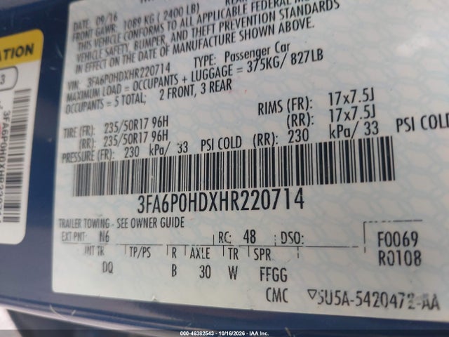 Продажа на аукционе авто 2017 Ford Fusion Se, vin: 3FA6P0HDXHR220714, номер лота: 46382543